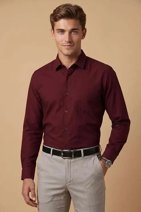 Tailmont Premium Burgundy Solid Formal Shirt